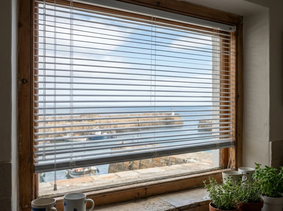 Aluminium venetian blind in a Simon's Town kitchen window overlooking the harbour breakwater and fishing boats
