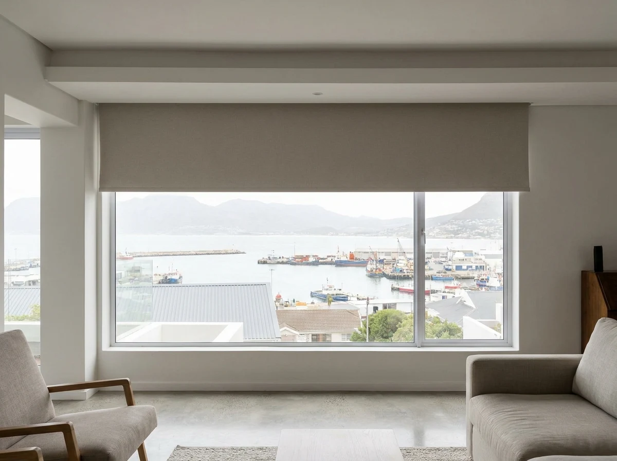 Concealed ceiling-recess blind box above a picture window in a modern Simon's Town home overlooking the harbour
