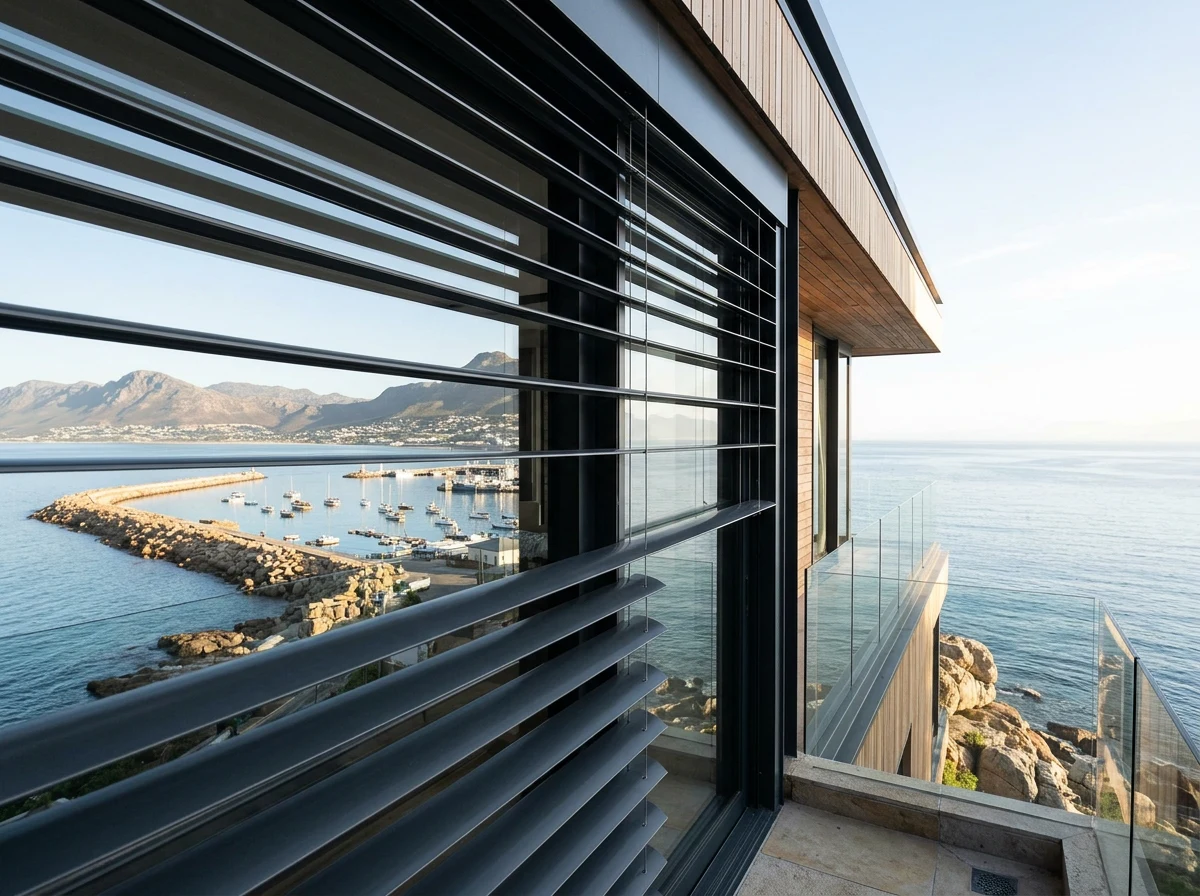 External aluminium venetian blinds shading a glass-walled Simon's Town home above the harbour breakwater