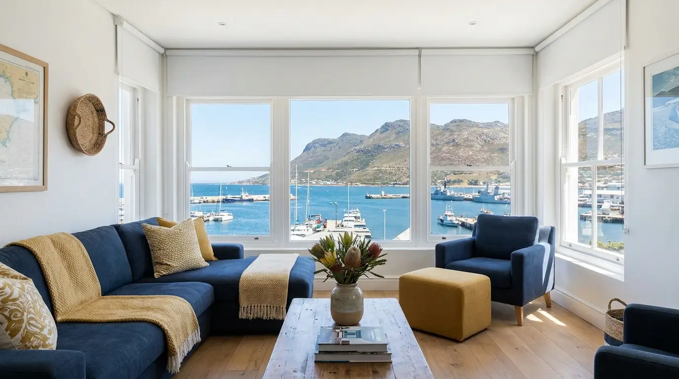 Simon's Town harbour-view living room with navy and mustard decor, bay windows fitted with smooth flat white roller blinds raised, overlooking naval harbour, yachts and mountains