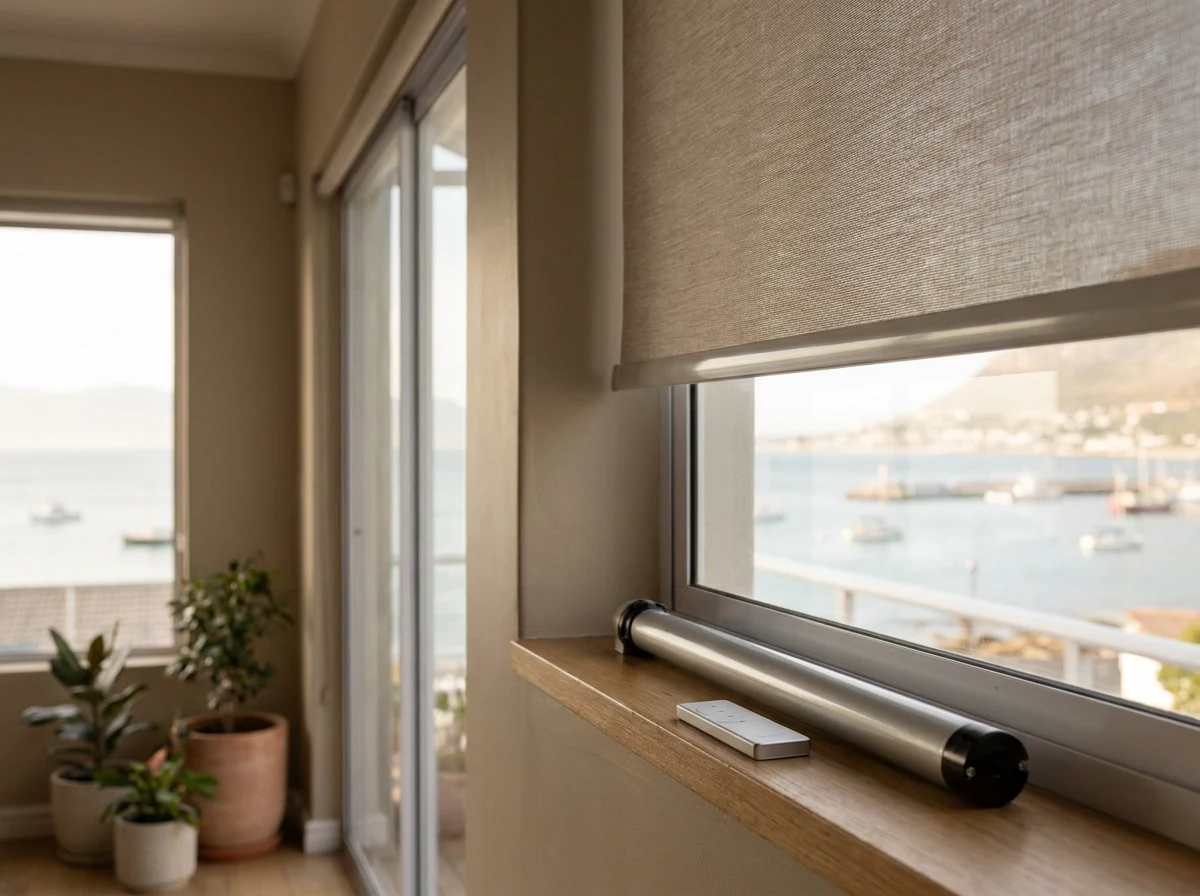 Motorised sunscreen roller blind with remote control on a Simon's Town windowsill overlooking the bay