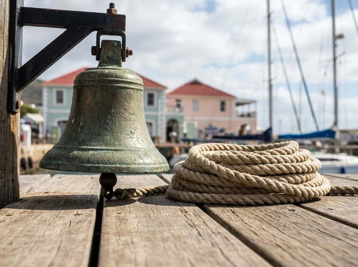 Weathered brass bell and coiled mooring rope on the naval jetty in Simon's Town harbour, pastel harbourfront cottages and yachts beyond