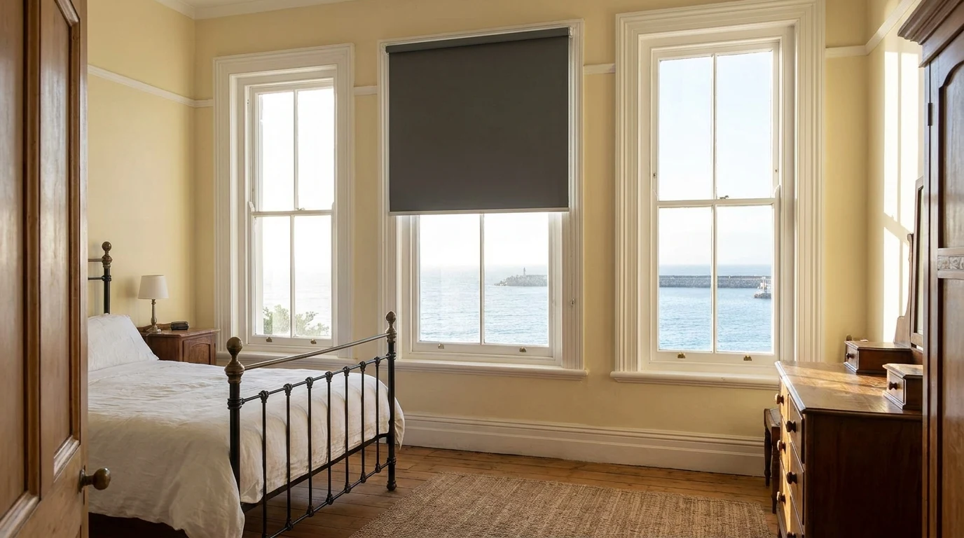 Blockout roller blind in a Victorian Simon's Town bedroom overlooking the harbour breakwater and lighthouse
