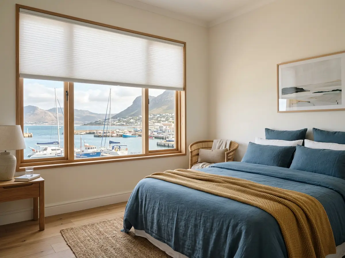 Simon's Town harbour-view bedroom with navy bedding and mustard throw, cellular honeycomb shade partially lowered on large window overlooking boats and mountains