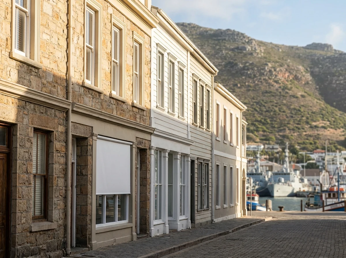 Heritage Victorian facades on St George's Street, Simon's Town, one sash window dressed with a smooth flat white roller blind, naval vessels moored at the harbour end of the street