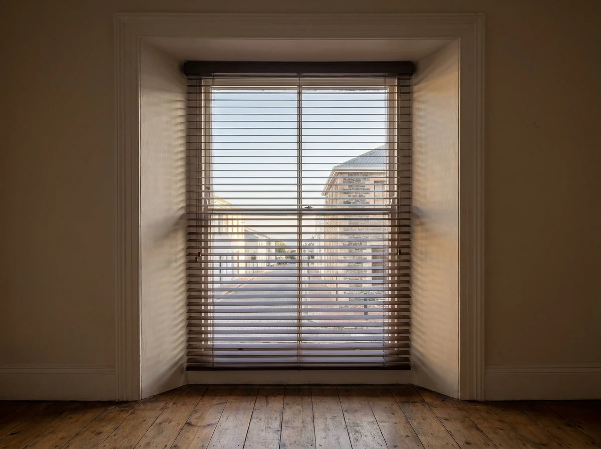 Timber venetian blind in a deep heritage sash-window reveal in Simon's Town