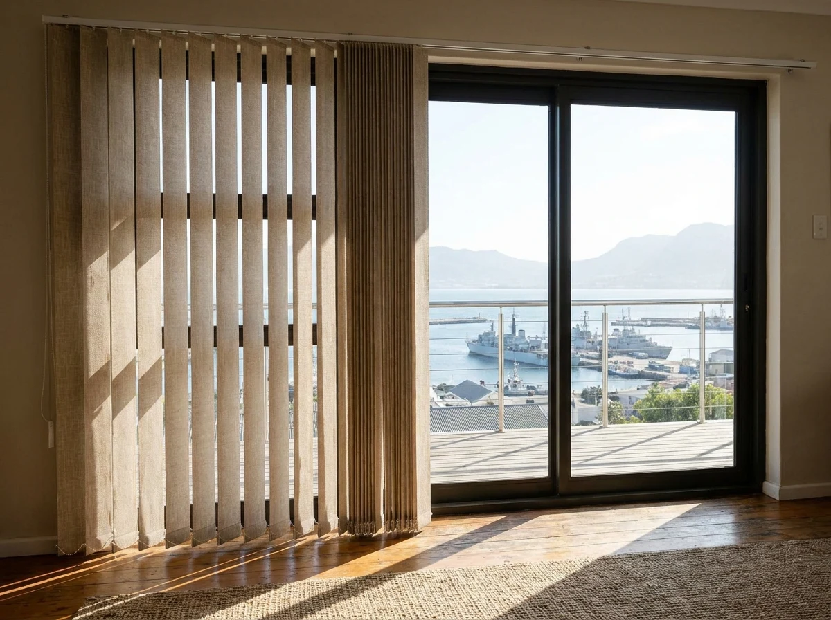 Vertical blinds beside a sliding door in a Simon's Town home with naval vessels visible on the bay