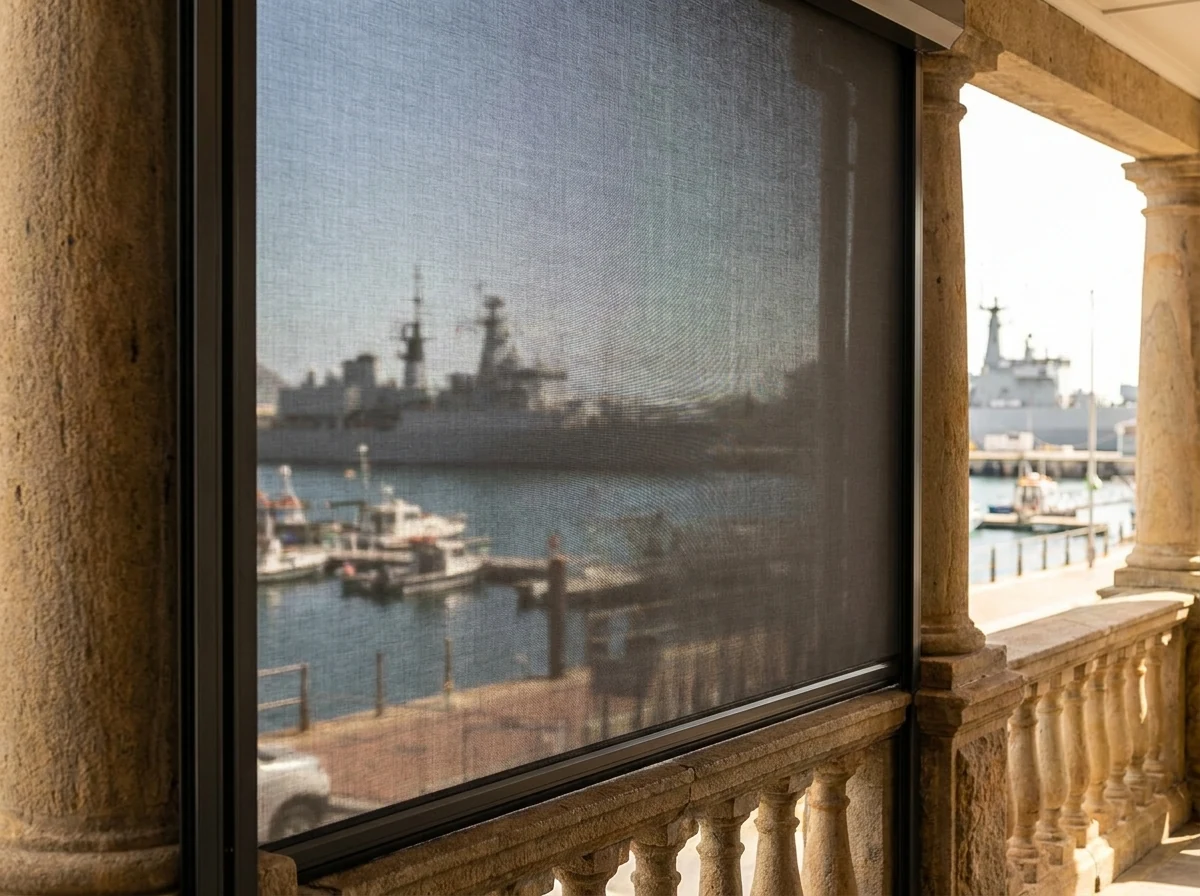 Zip screen fully lowered in its aluminium guide channels, enclosing a stone-built Simon's Town stoep with naval vessels visible through the mesh